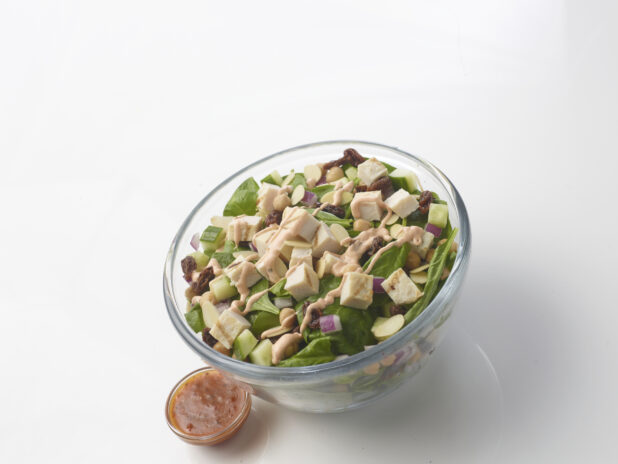 Spinach salad with grilled chicken, cucumber, chick peas, dried cranberries and sliced almonds with a creamy sauce drizzled on top in a glass bowl on a white background with a side vinaigrette