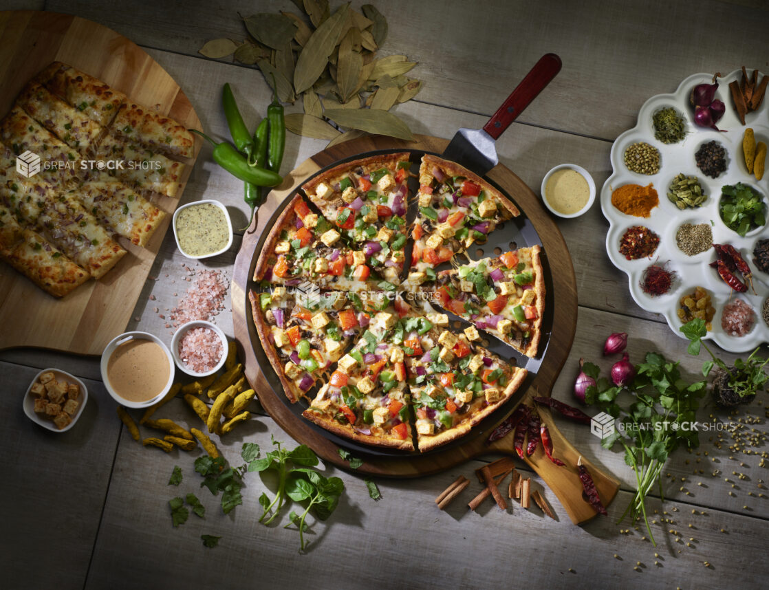 Overhead sliced paneer tikka masala pizza on a wooden cutting board with curry masala breadsticks in the background surrounded by ingredients