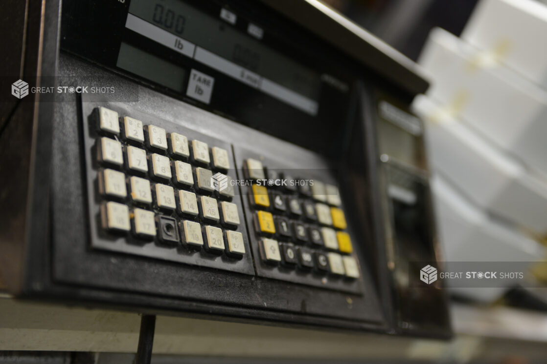 Electronic commercial food scale, close up view