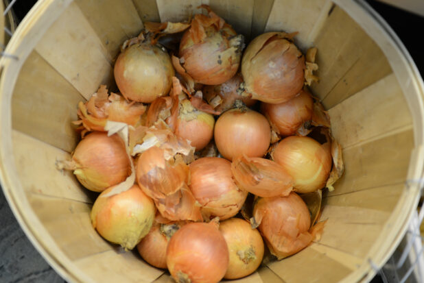 Whole raw onions in a bushel basket, overhead view