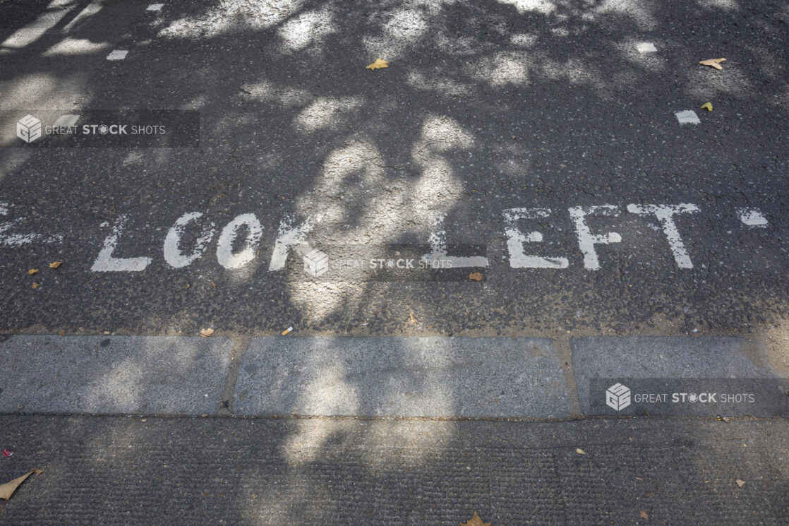 "Look Left" sign on the ground in London, England