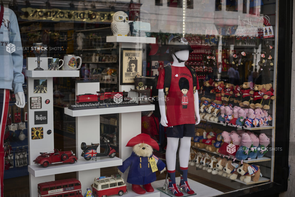 London, England souvenir shop window with various souvenirs in the window