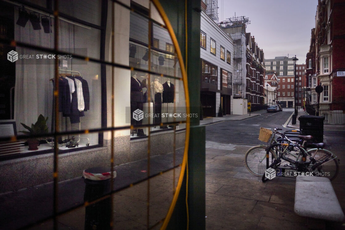 View of shops, bicycles, street in London, England