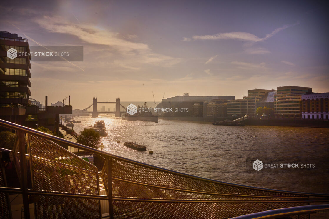 Wide shot of Thames River with Tower Bridge in background