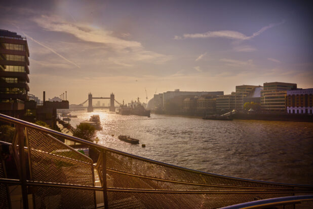 Wide shot of Thames River with Tower Bridge in background