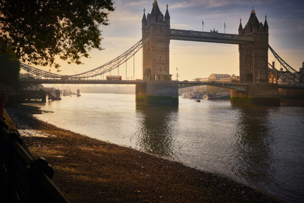 Medium Wide shot of The Thames River and Tower Bridge