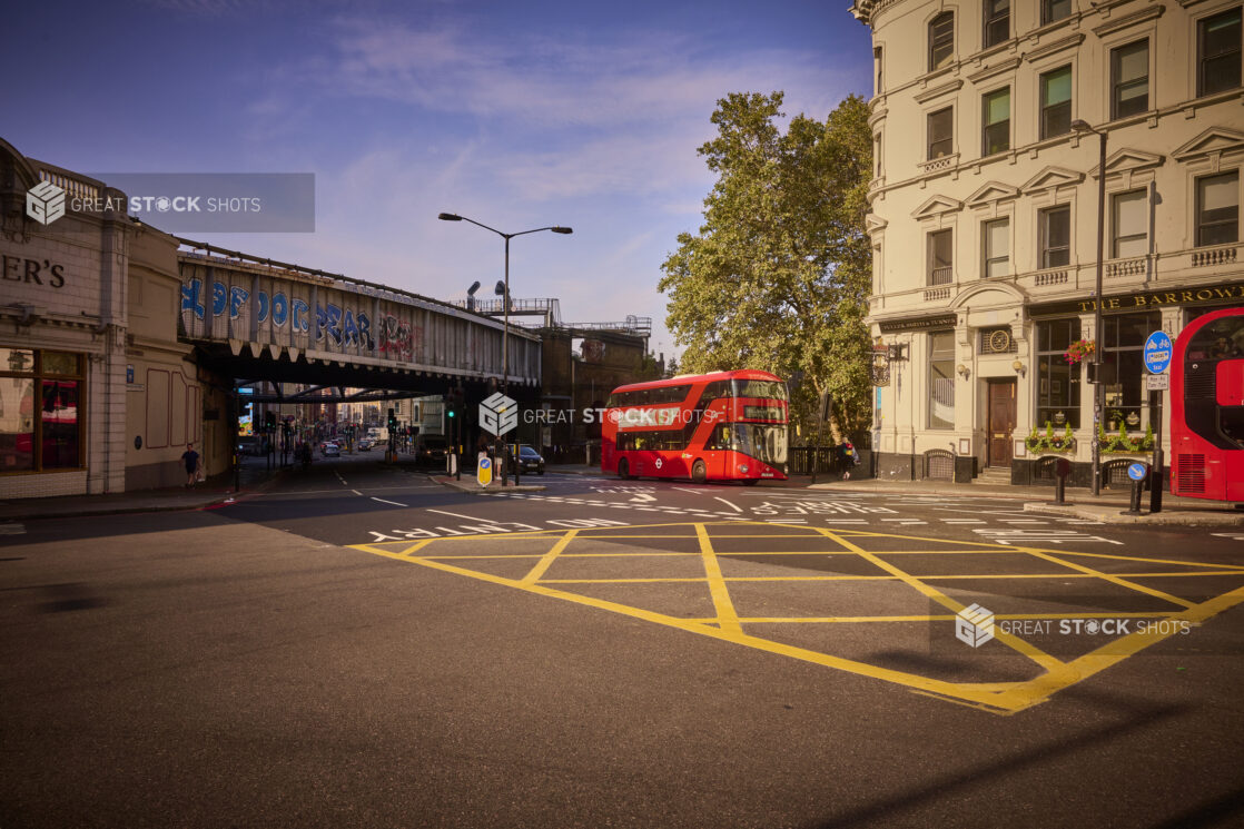 Wide shot cityscape photo of London with Double Decker Bus in background