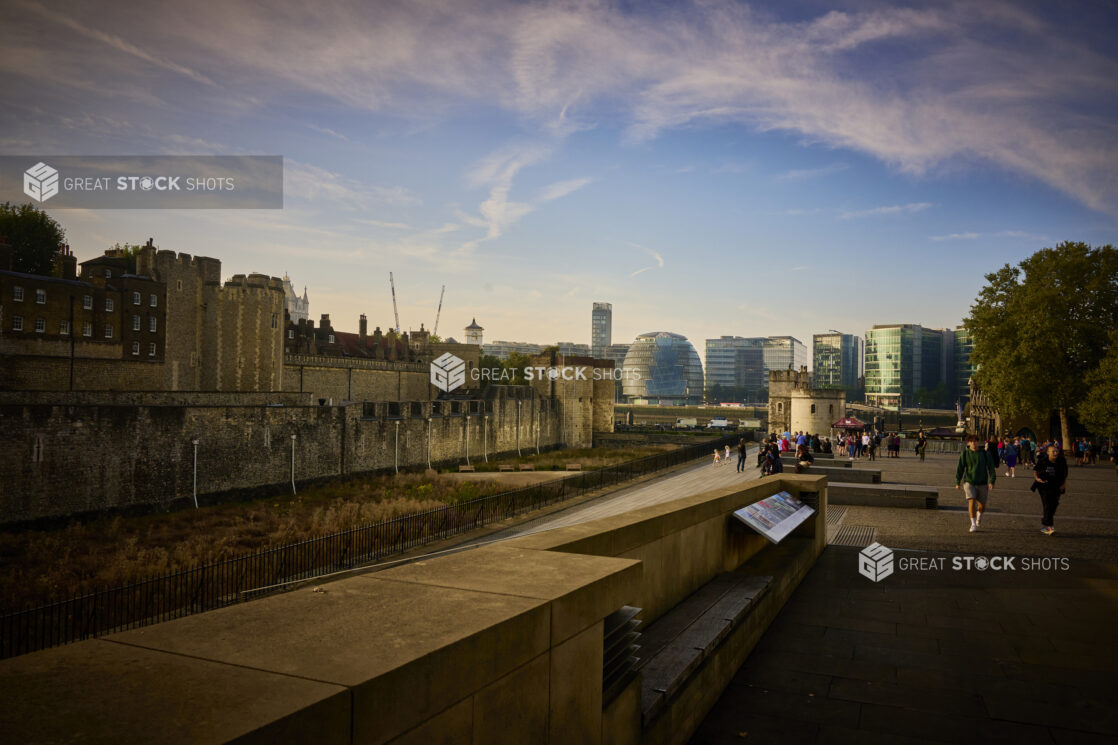 Side view of the Tower of London and buildings across the Thames River