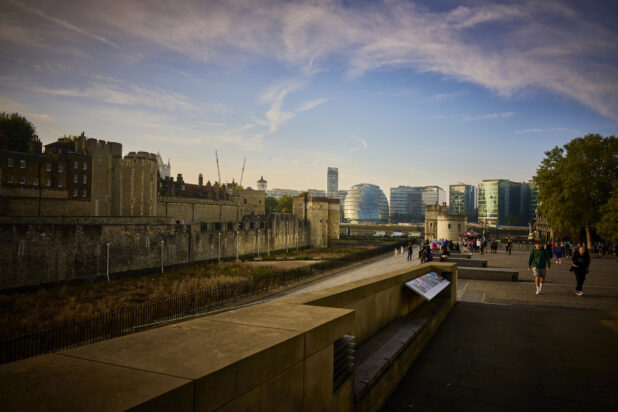 Side view of the Tower of London and buildings across the Thames River
