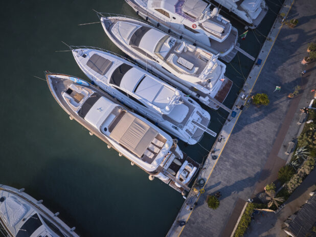 Overhead view of yachts, boats in a marina, closeup view