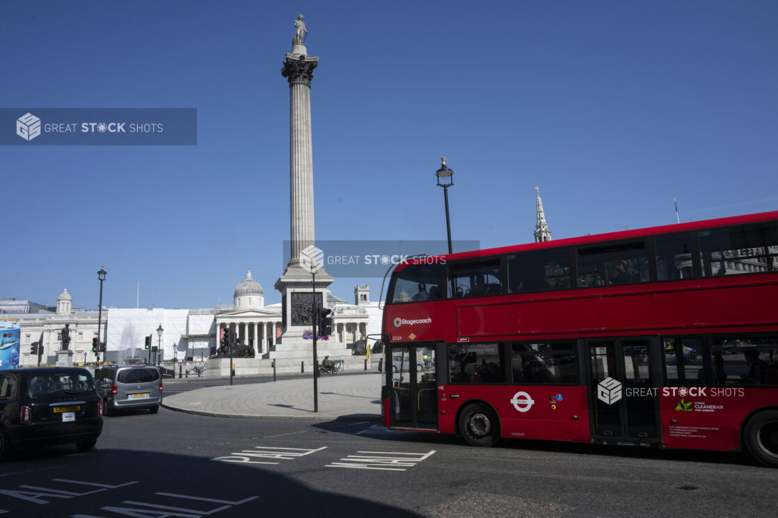 Nelson's Column and Double-Decker bus in Trafalgar Square, London, England