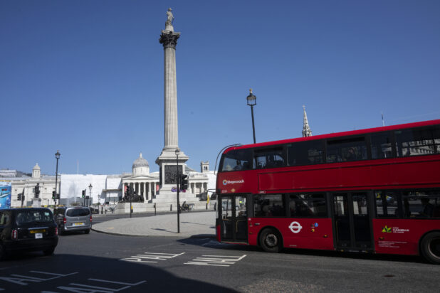 Nelson's Column and Double-Decker bus in Trafalgar Square, London, England