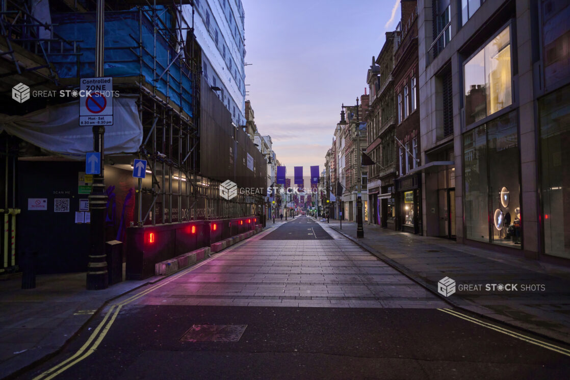 View of a London, England street, buildings, construction, narrow, one way