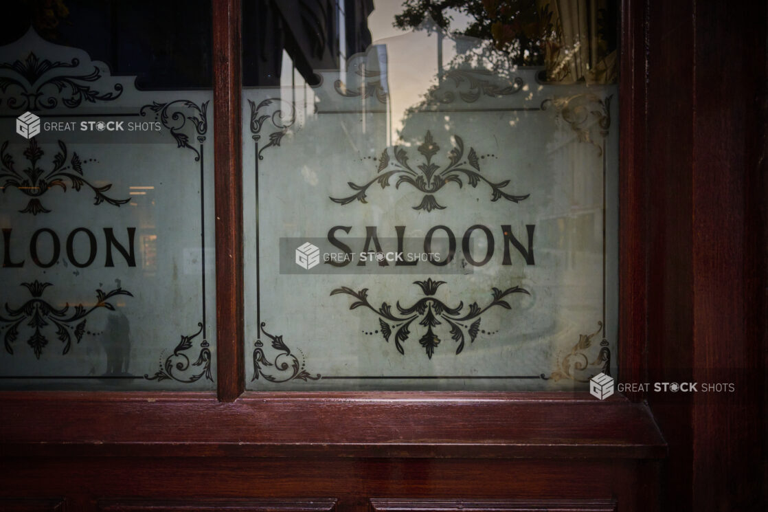 Old style saloon window, close up view, wood framed