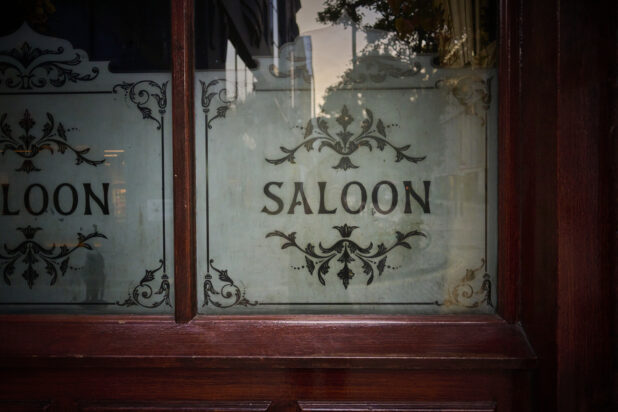 Old style saloon window, close up view, wood framed