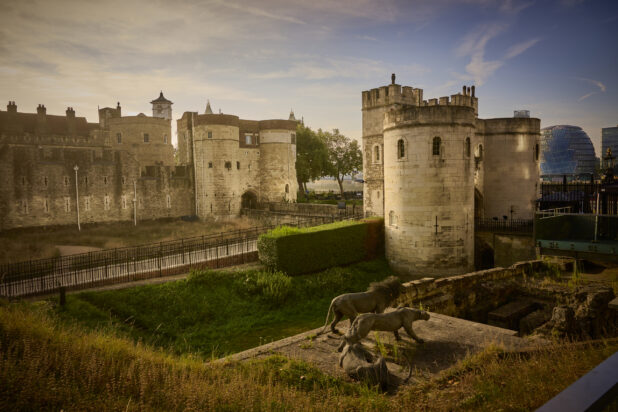 View of the Tower of London Royal Menagerie Area with Fine Wire Lion Statues at Sunset in London, England