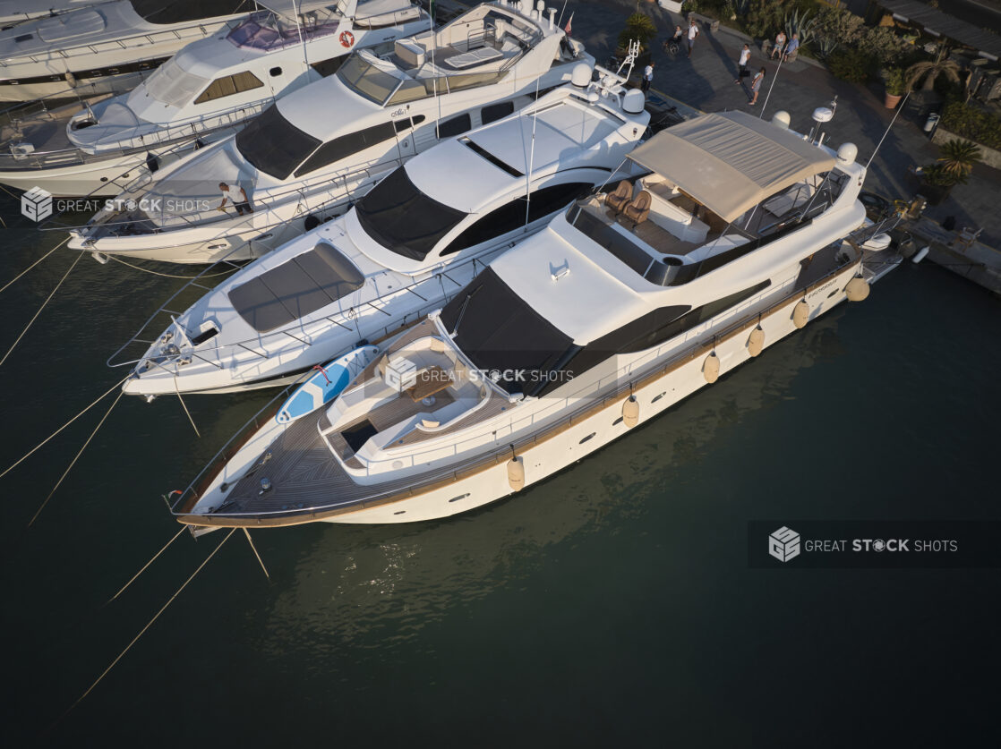 Overhead view of boats/yachts at a marina, close up view