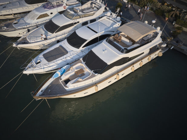 Overhead view of boats/yachts at a marina, close up view