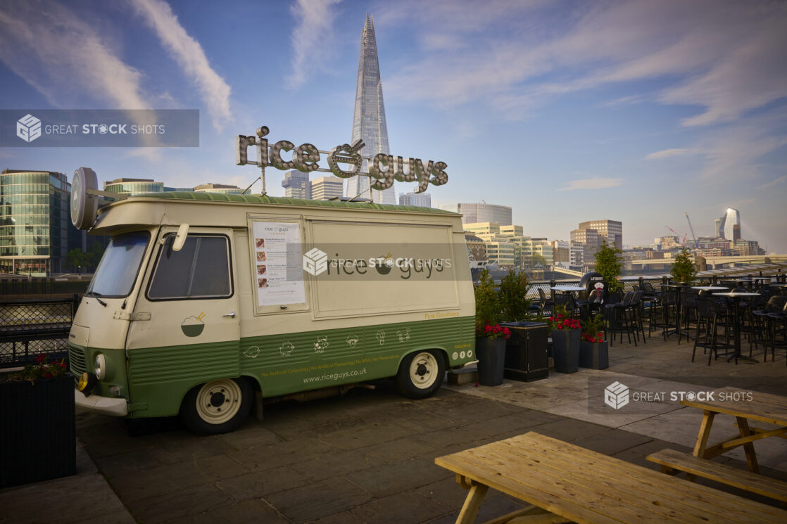 Food Truck with London England Landmark The Shard in background