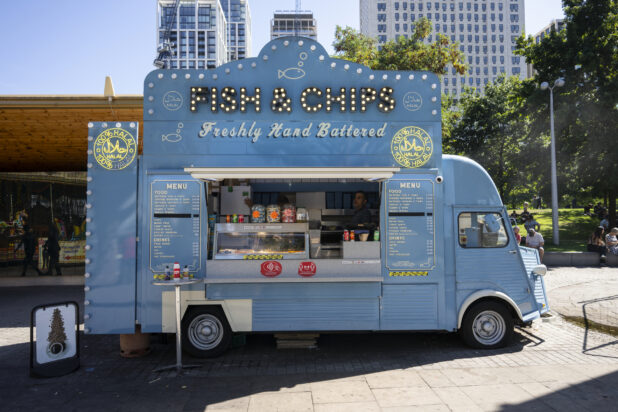 Cute Light Blue Fish and Chips Food Truck