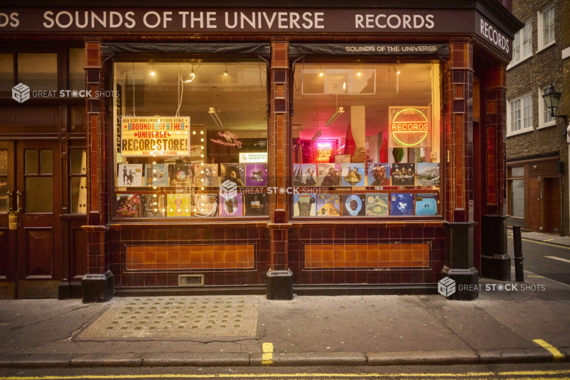 Exterior view of a record store on a street corner in London, England