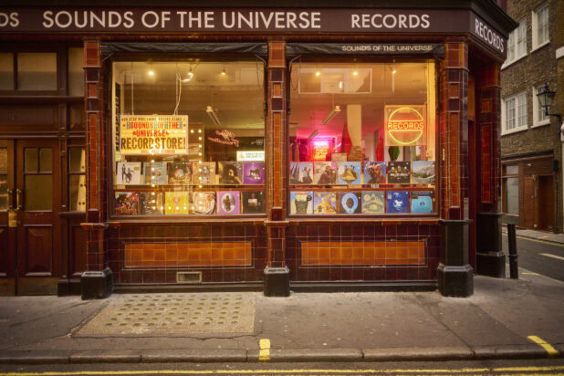 Exterior view of a record store on a street corner in London, England