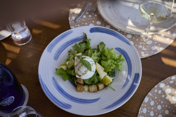 Burrata on Fresh Salad with Lemon and Croutons