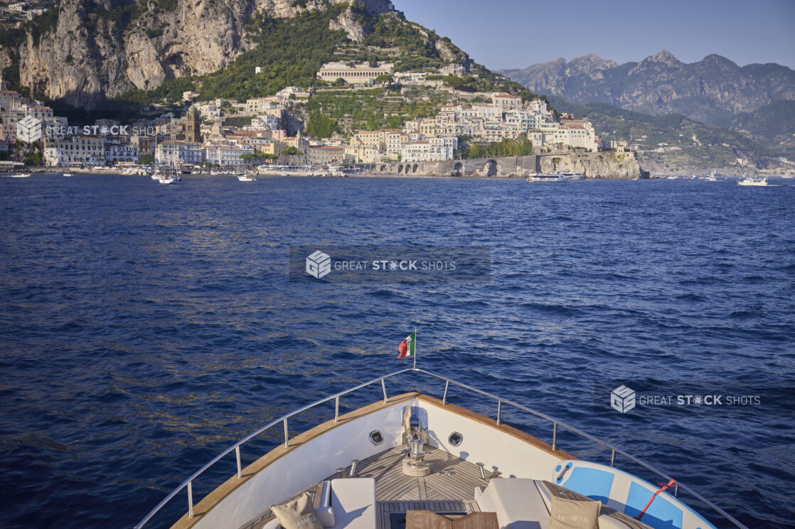 View from a yacht on the water looking at the Amalfi coast, Italy