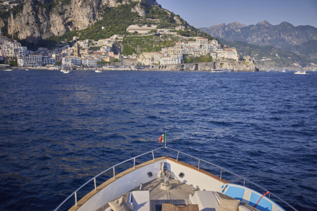 View from a yacht on the water looking at the Amalfi coast, Italy