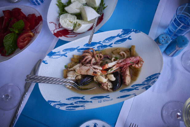 Overhead view of a Mediterranean style meal with a fresh seafood platter, burrata and fresh tomatoes and basil with seafood patterned dishes, bright blue accessories