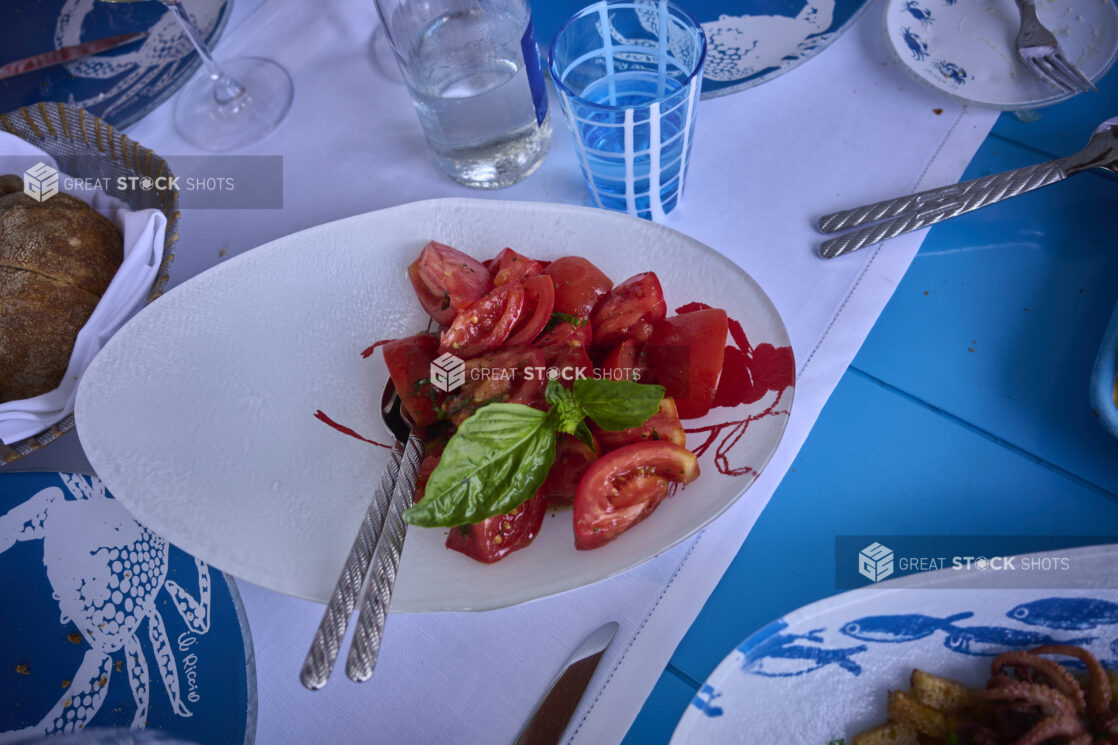 Overhead view of a Mediterranean style meal with fresh tomatoes, bread and fried seafood on seafood patterned dishes with bright blue background