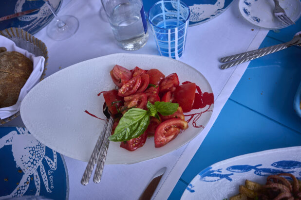 Overhead view of a Mediterranean style meal with fresh tomatoes, bread and fried seafood on seafood patterned dishes with bright blue background