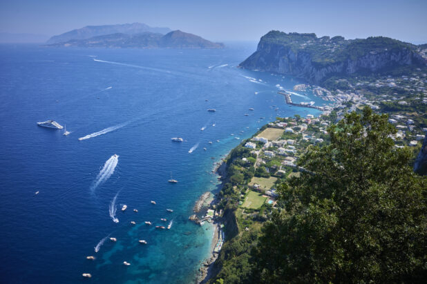 Birds Eye View of Italian Coastline and Marina with Beach Resorts and Boats, Yachts and Emerald and Blue Ocean Water and Cliffs in Background