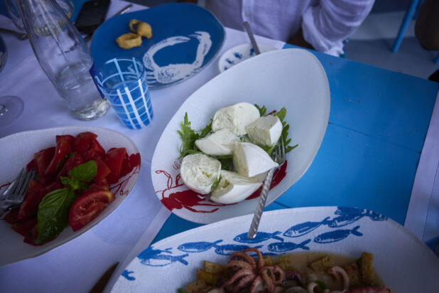Overhead view of a Mediterranean style meal with seafood patterned dishes