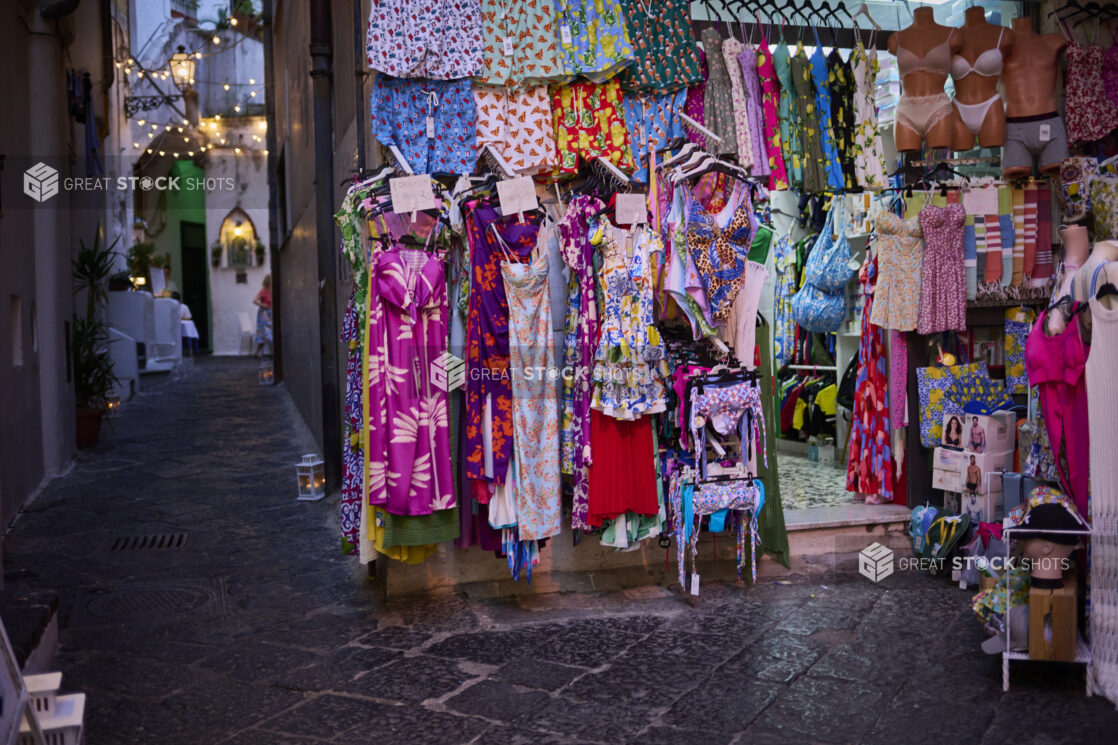 Colourful clothing store on a side street on the Amalfi coast, Italy