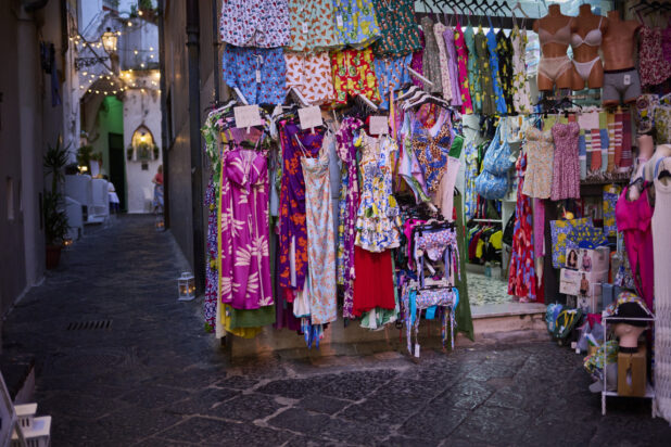 Colourful clothing store on a side street on the Amalfi coast, Italy