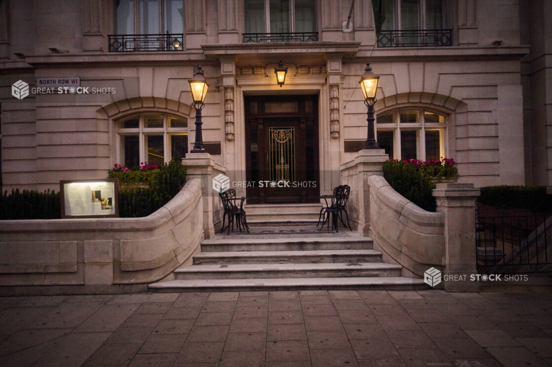 View of the front of Lanes of London Restaurant in the city of Mayfair in London, England