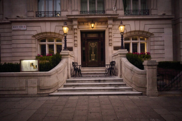 View of the front of Lanes of London Restaurant in the city of Mayfair in London, England