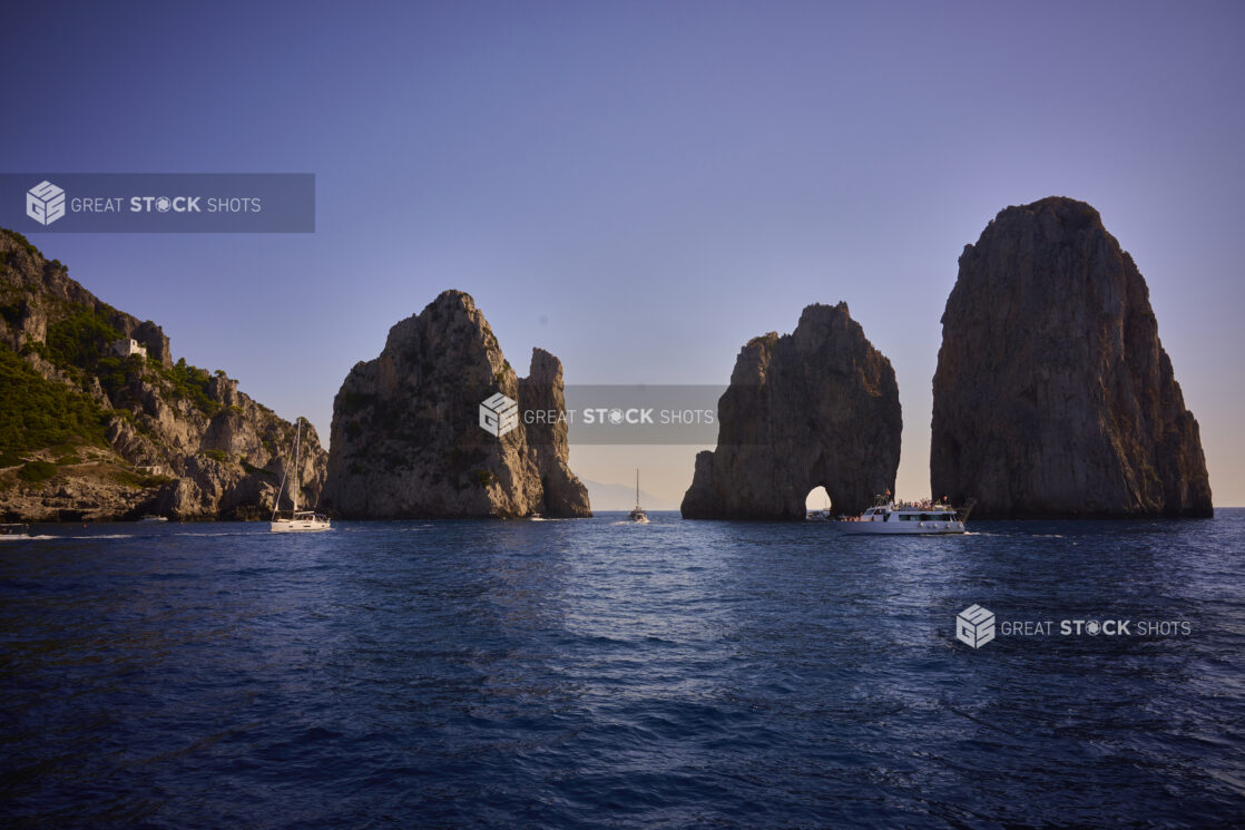 View from the sea of the Faraglioni rock formations, Capri, Italy