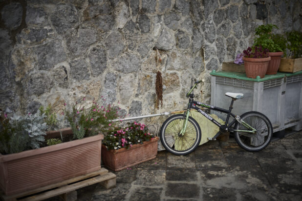 Flowers in planters and pots with a bicycle against a stone wall