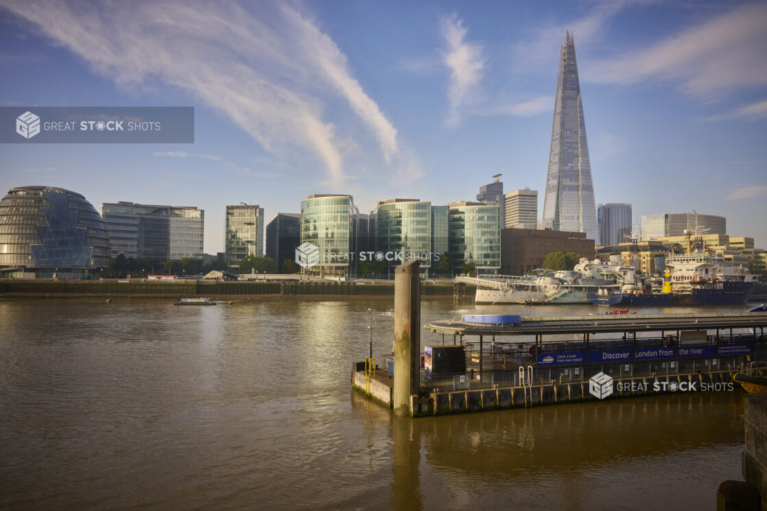 View of the London, England skyline from the Thames River, The Shard building in the background