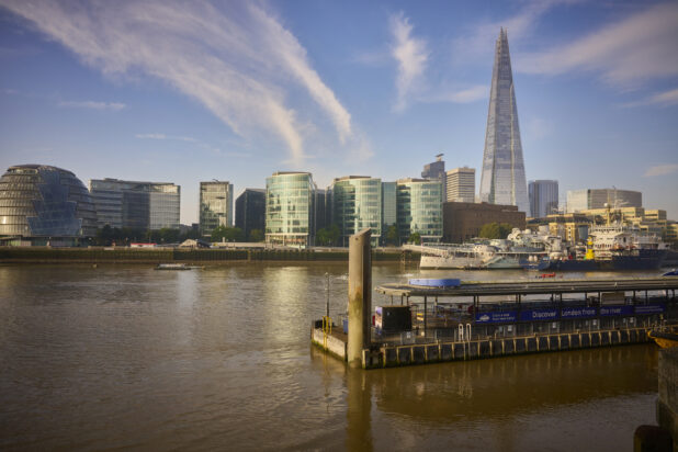 View of the London, England skyline from the Thames River, The Shard building in the background