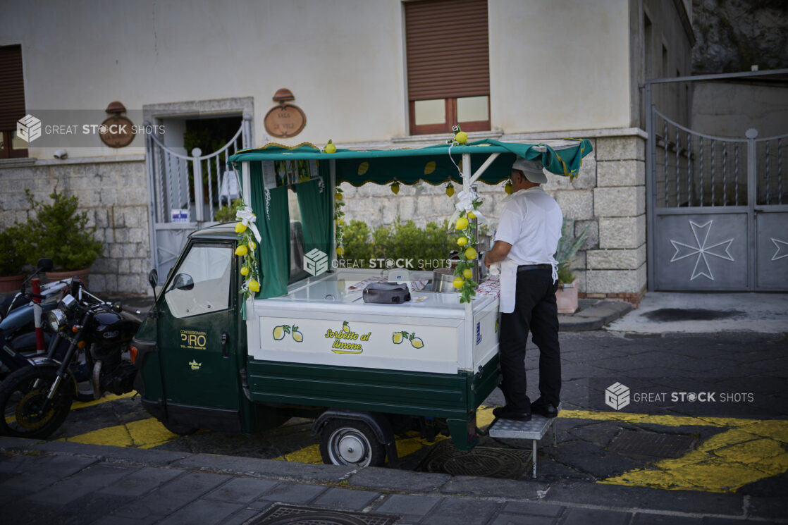 Mobile lemon gelato cart on the streets of Italy on the Amalfi coast