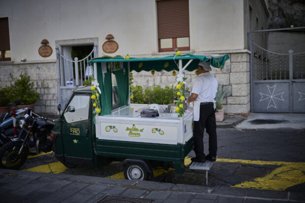 Mobile lemon gelato cart on the streets of Italy on the Amalfi coast