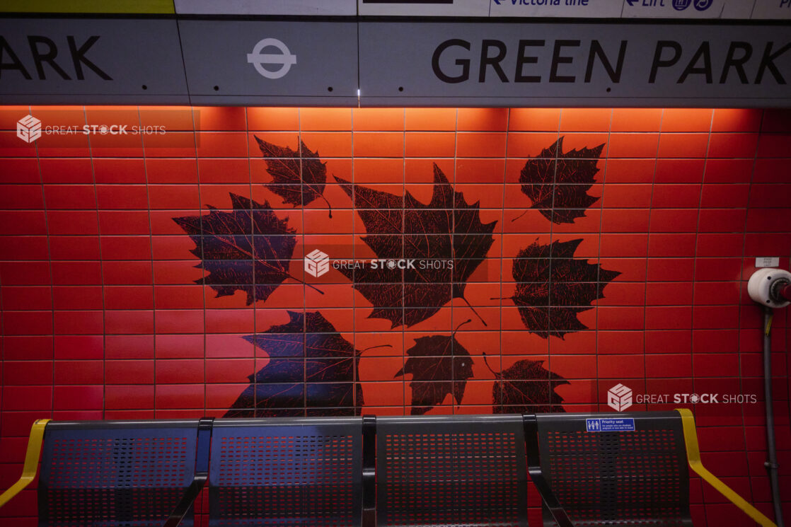 Maple leaf tiled pattern on wall, with seating in front at Green Park tube station London, England