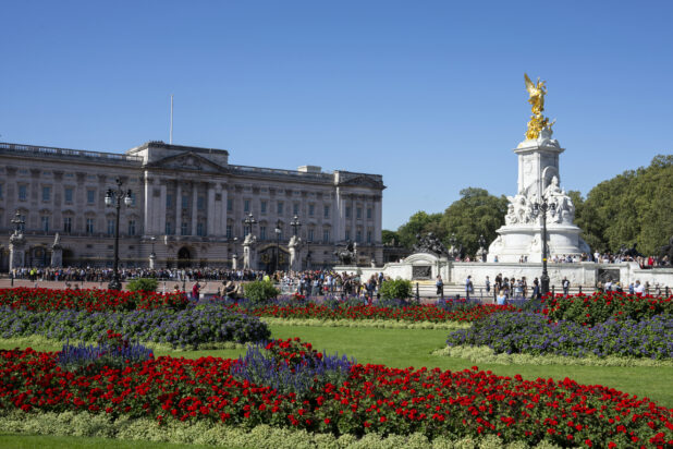 View of Buckingham Palace, Victoria Memorial and gardens, London, England