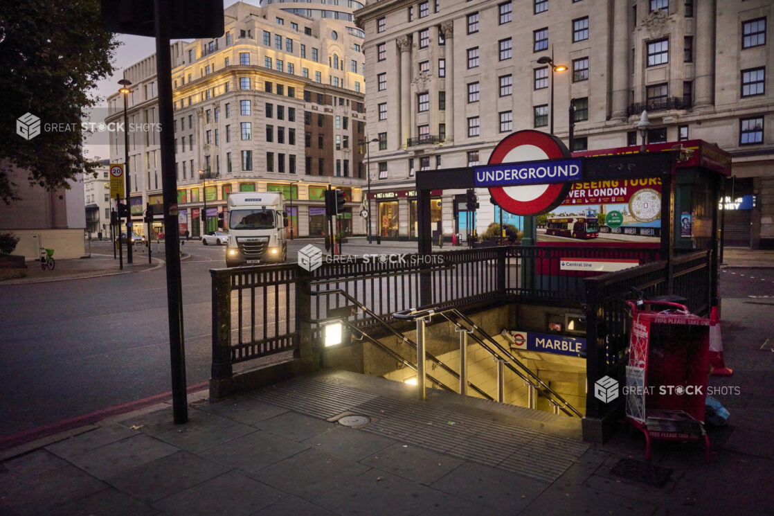 View of entrance to Marble Arch tube station in London, England