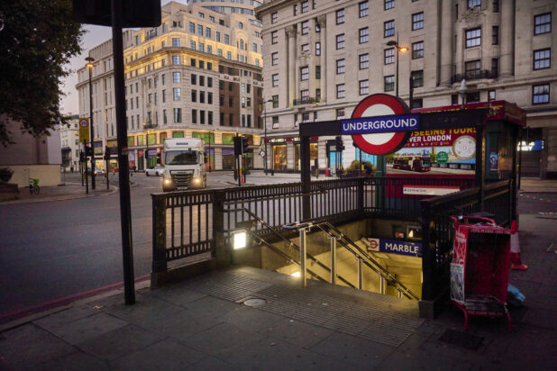 View of entrance to Marble Arch tube station in London, England