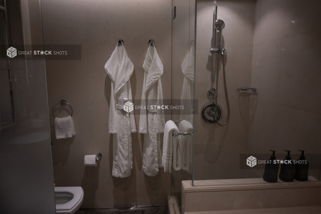 View of a bathroom with robes hanging on the wall, glassed-in shower