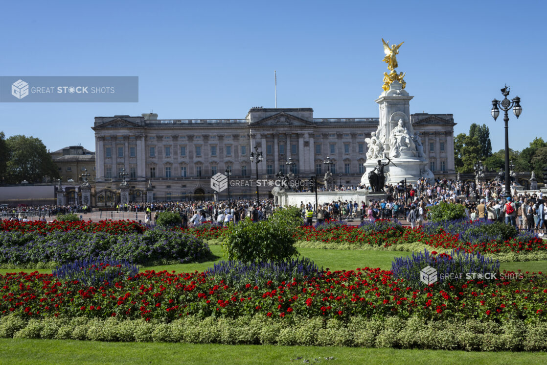 View of Buckingham Palace, Victoria Memorial and gardens, London, England